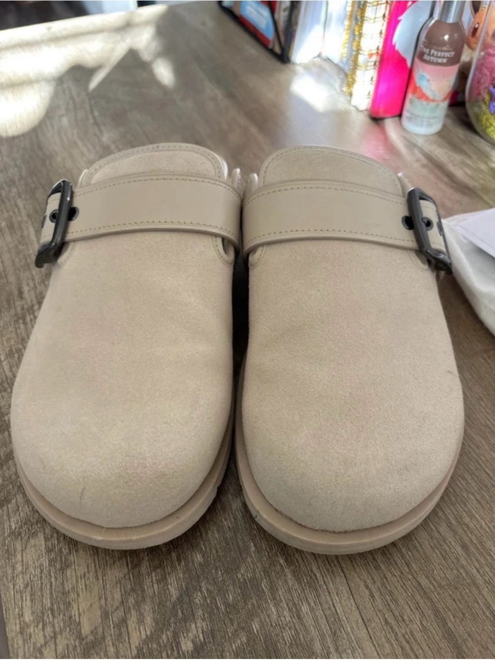 Coach Cream Suede Buckle Clog Mules